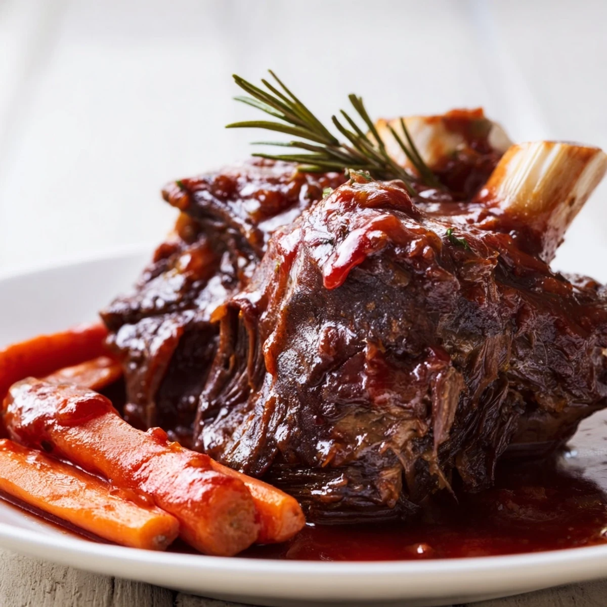 Fall-off-the-bone Slow Cooked Beef Shank with Rosemary and Thyme served over creamy mashed potatoes.