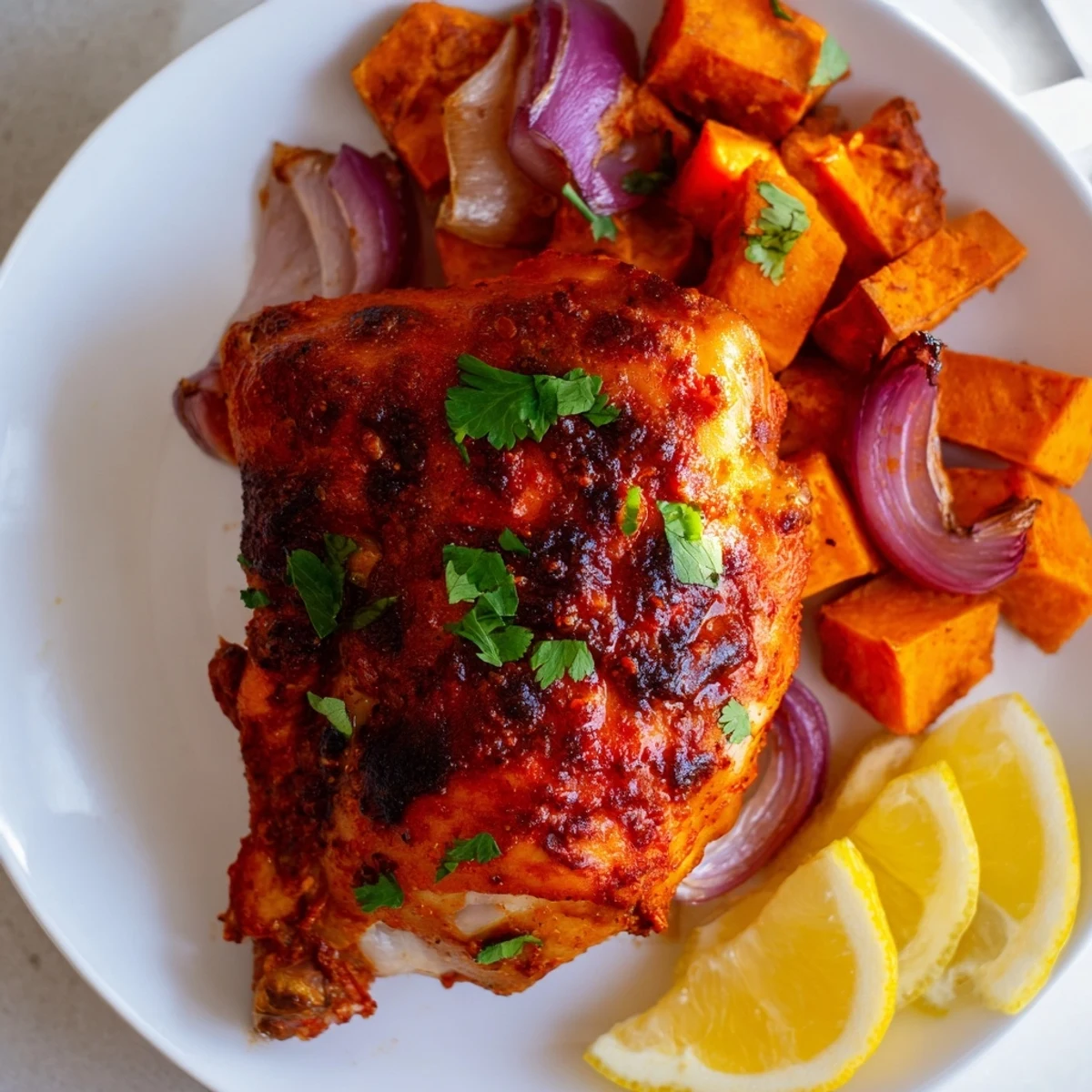 Golden, crisp-skinned Sheet Pan Harissa Chicken thighs sit beside caramelized sweet potato chunks and roasted onion wedges, garnished with fresh cilantro. 