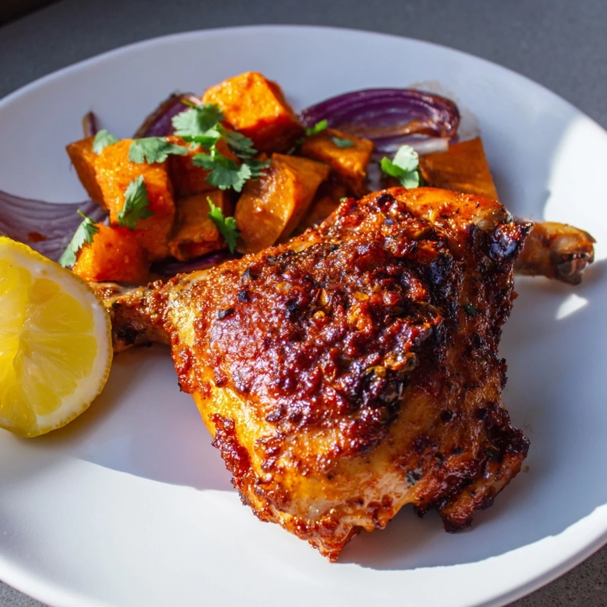 Bright orange sweet potatoes and deep red harissa-marinated chicken roast together on a sheet pan, ready to serve with lemon wedges. 
