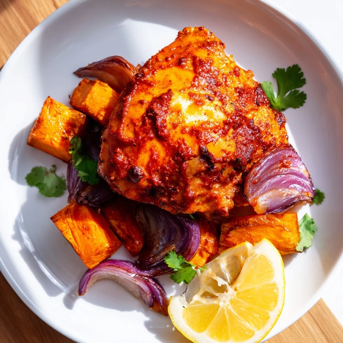 Easy one-pan Sheet Pan Harissa Chicken dinner features juicy thighs, spicy harissa glaze, and tender roasted sweet potatoes for a weeknight meal.