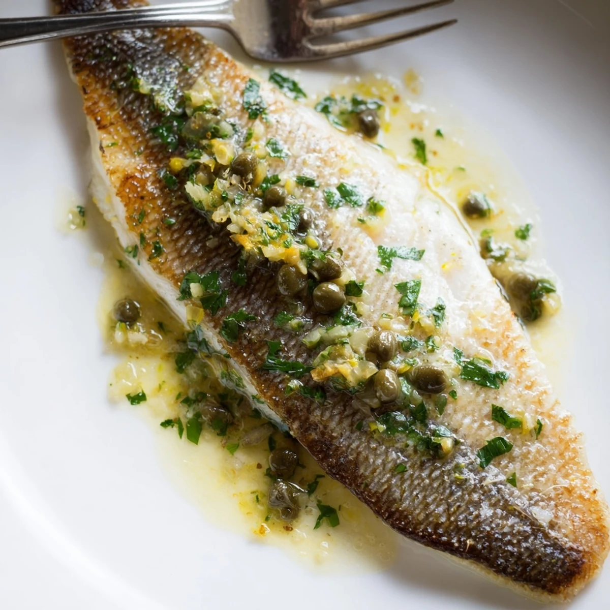 Pan Seared Sea Bass with Lemon Caper Sauce fillets plated with crispy golden skin and a bright, tangy drizzle.