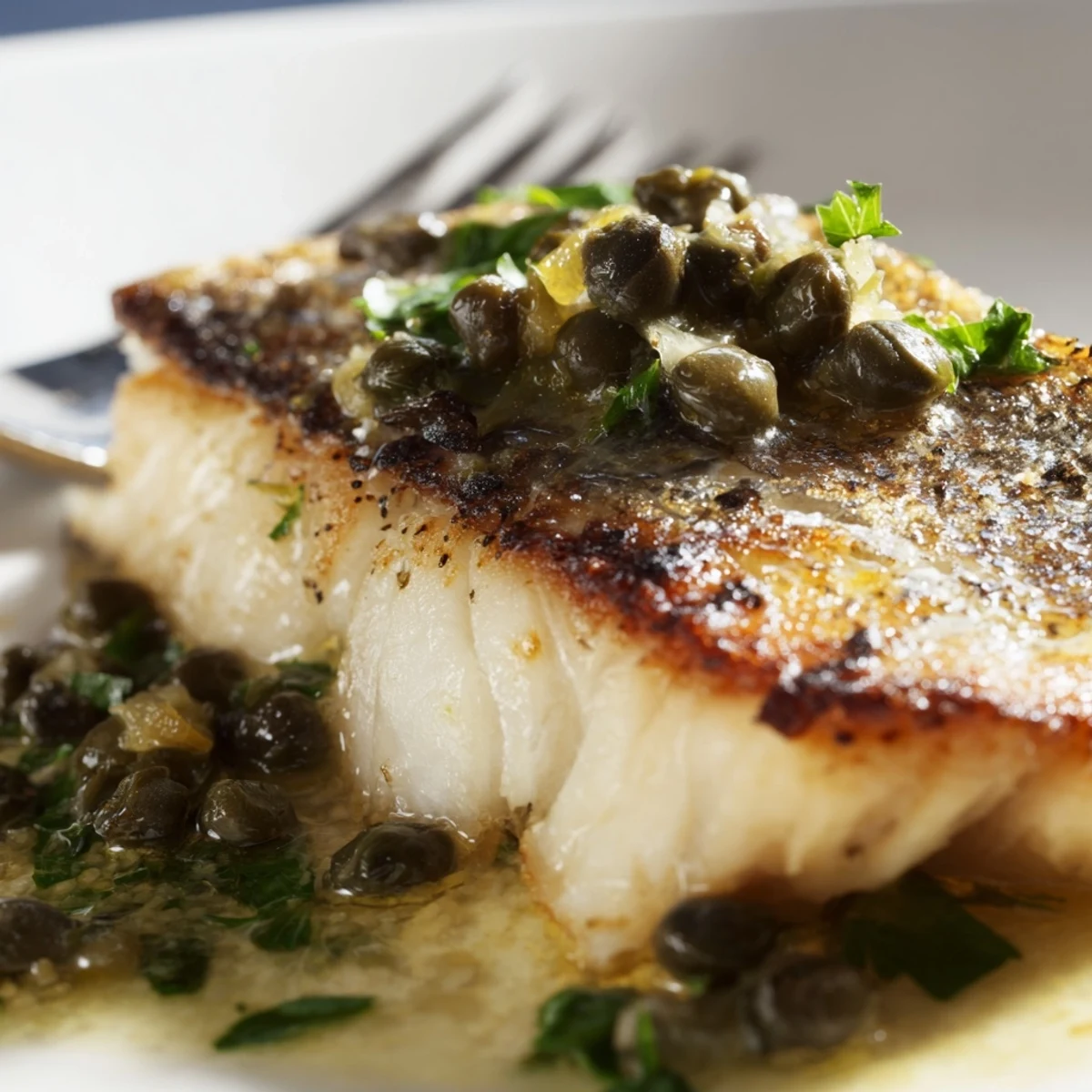 Juicy Pan Seared Sea Bass with Lemon Caper Sauce served warm over sautéed spinach with fresh parsley garnish.