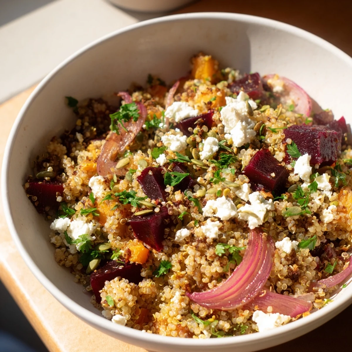 Ready to serve, this hearty bowl of Warm Spiced Quinoa Salad with Roasted Beets is garnished with fresh parsley, making a beautiful vegetarian main dish for any dinner table.