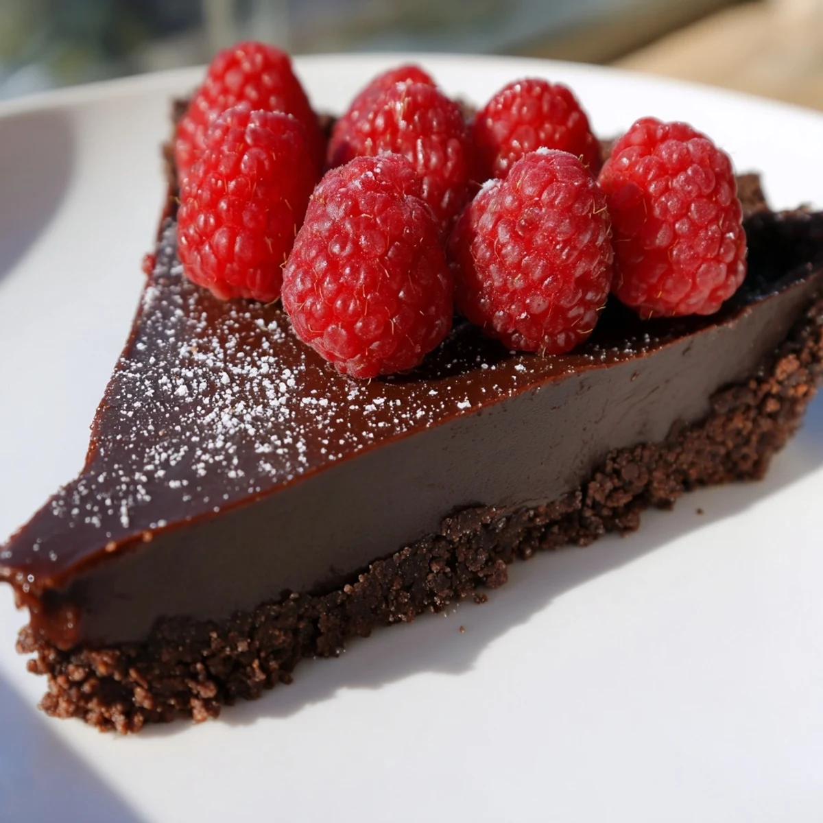 Decadent Dark Chocolate Tart with Raspberries pictured, with a glossy chocolate filling in a flaky crust and bright berries on top.