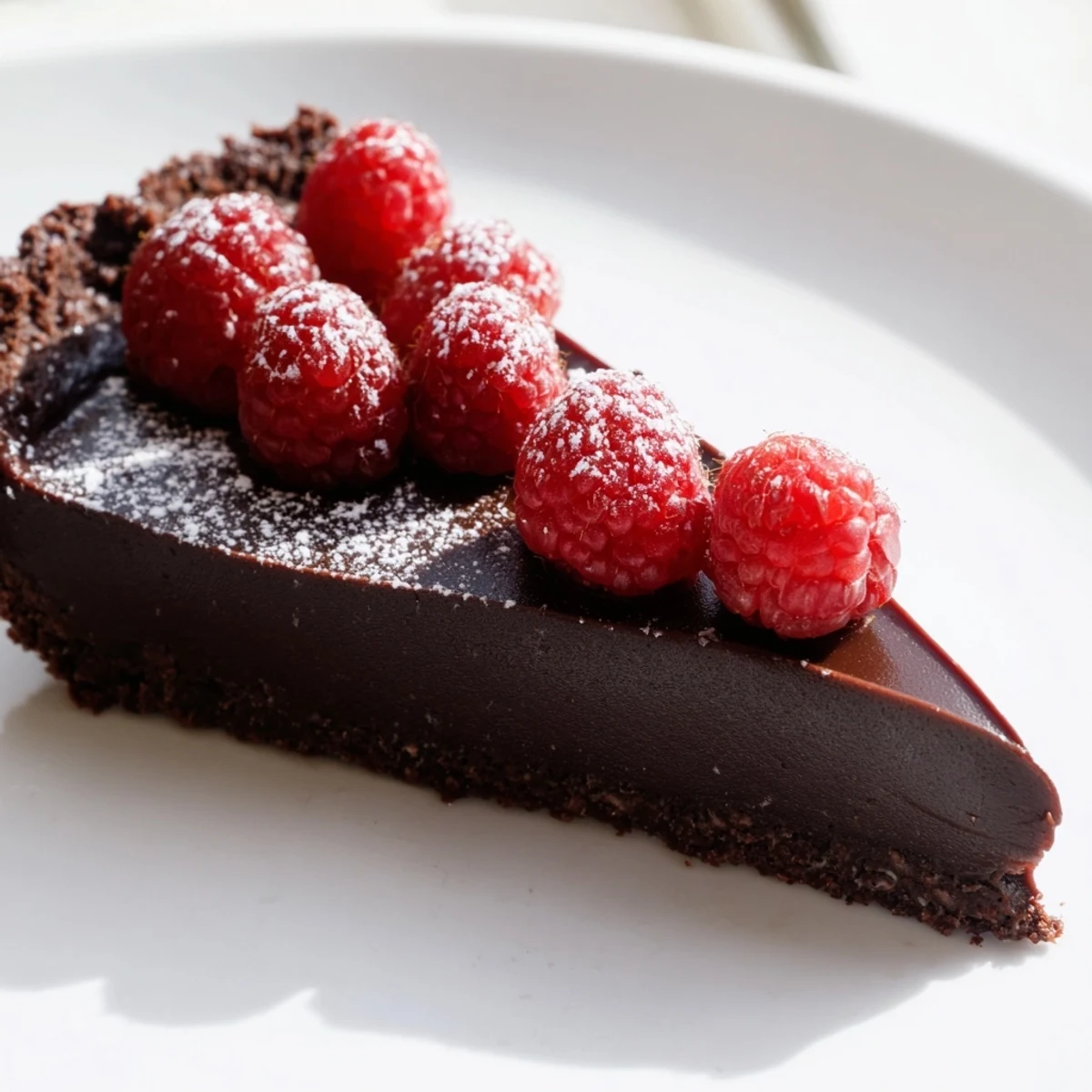 Fresh raspberries and a fork beside a wedge of Decadent Dark Chocolate Tart with Raspberries, showing its rich texture.