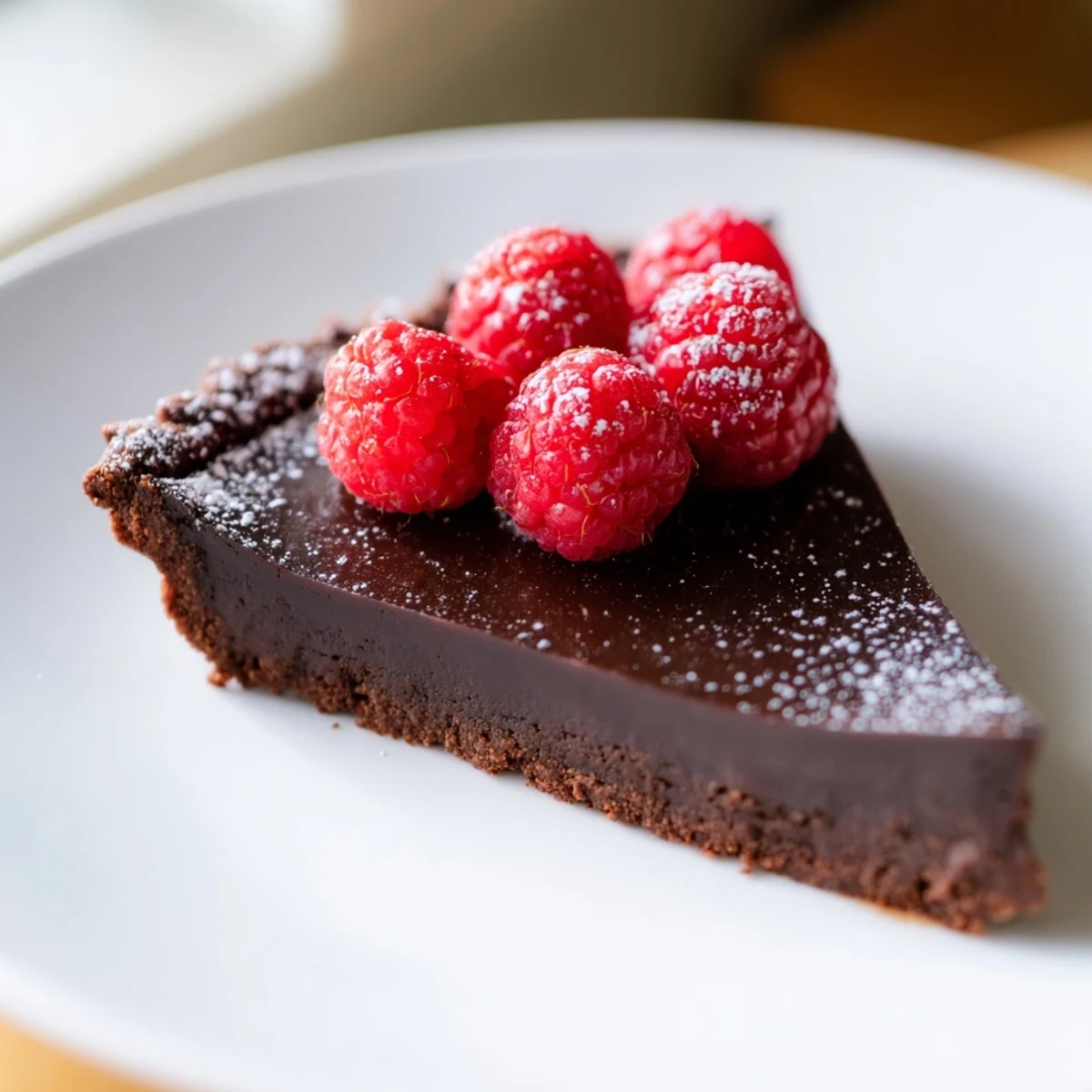 A close view of Decadent Dark Chocolate Tart with Raspberries, dusted with sugar and ready to slice on a white plate.