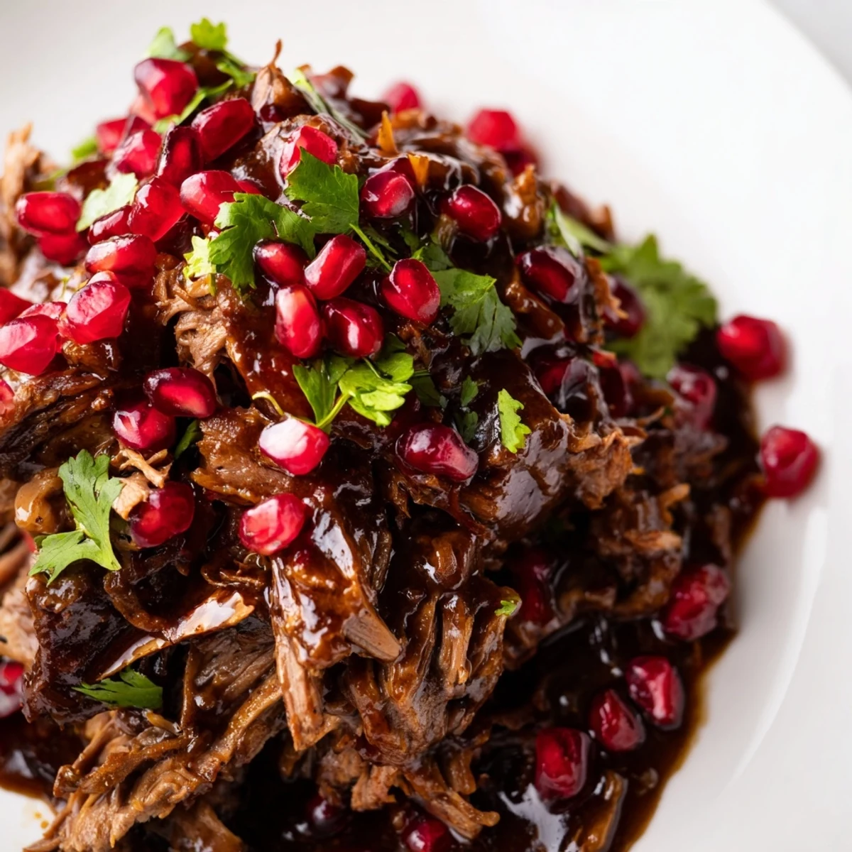Fork-tender Braised Lamb Shoulder with Pomegranate Molasses resting in a Dutch oven, garnished with ruby seeds and fresh cilantro for a bright finish.
