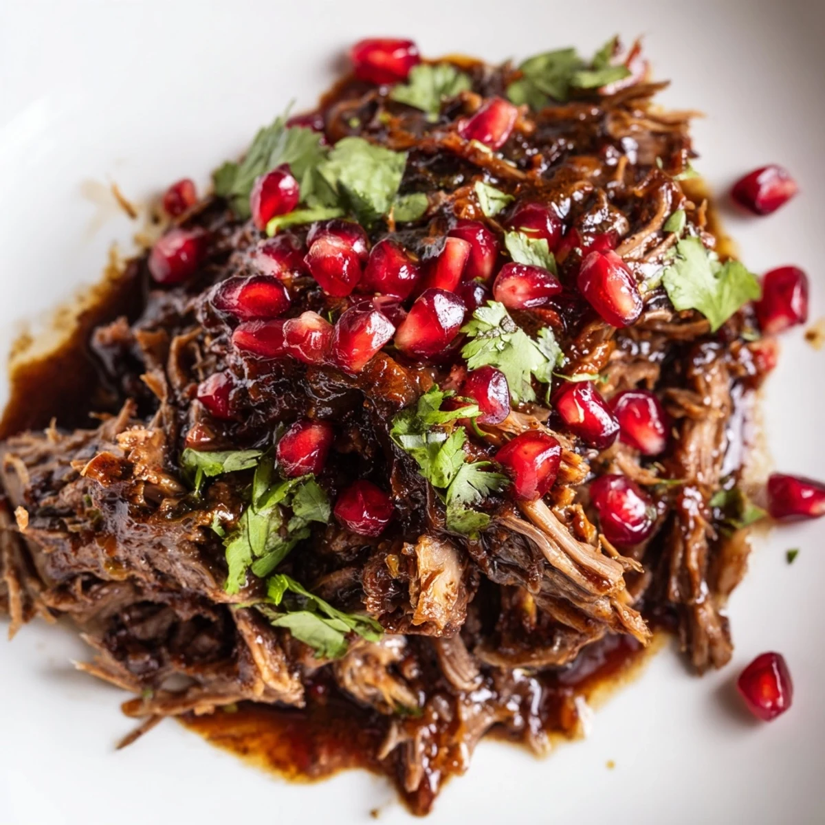 Rustic Dutch oven filled with Braised Lamb Shoulder with Pomegranate Molasses, surrounded by caramelized onions and carrots, steam rising from the tender meat.