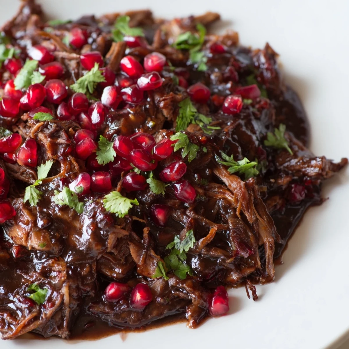 Sliced Braised Lamb Shoulder with Pomegranate Molasses on a plate with fluffy rice, featuring a glossy, dark red pan sauce pooling at the base.