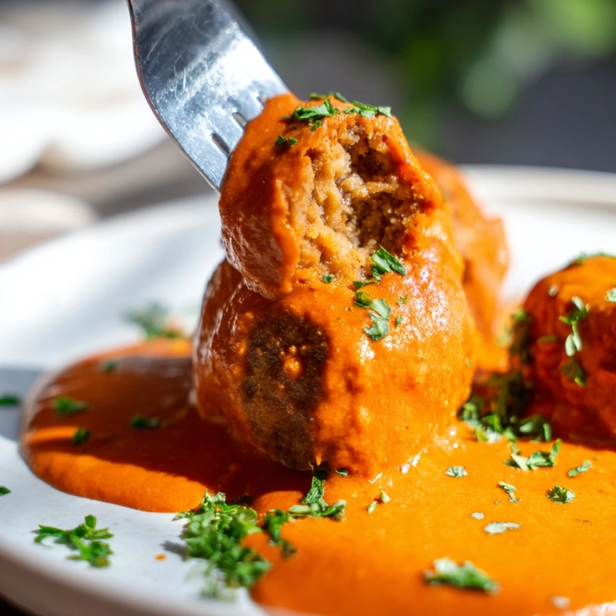 Golden-brown turkey meatballs in roasted red pepper sauce, garnished with fresh parsley.