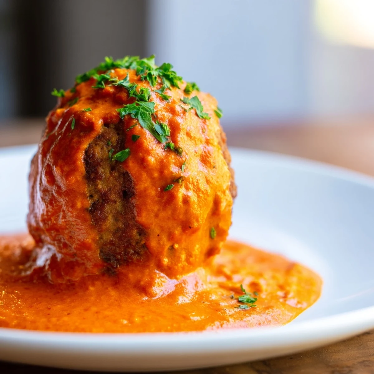 Freshly baked turkey meatballs simmering in a vibrant roasted red pepper sauce.