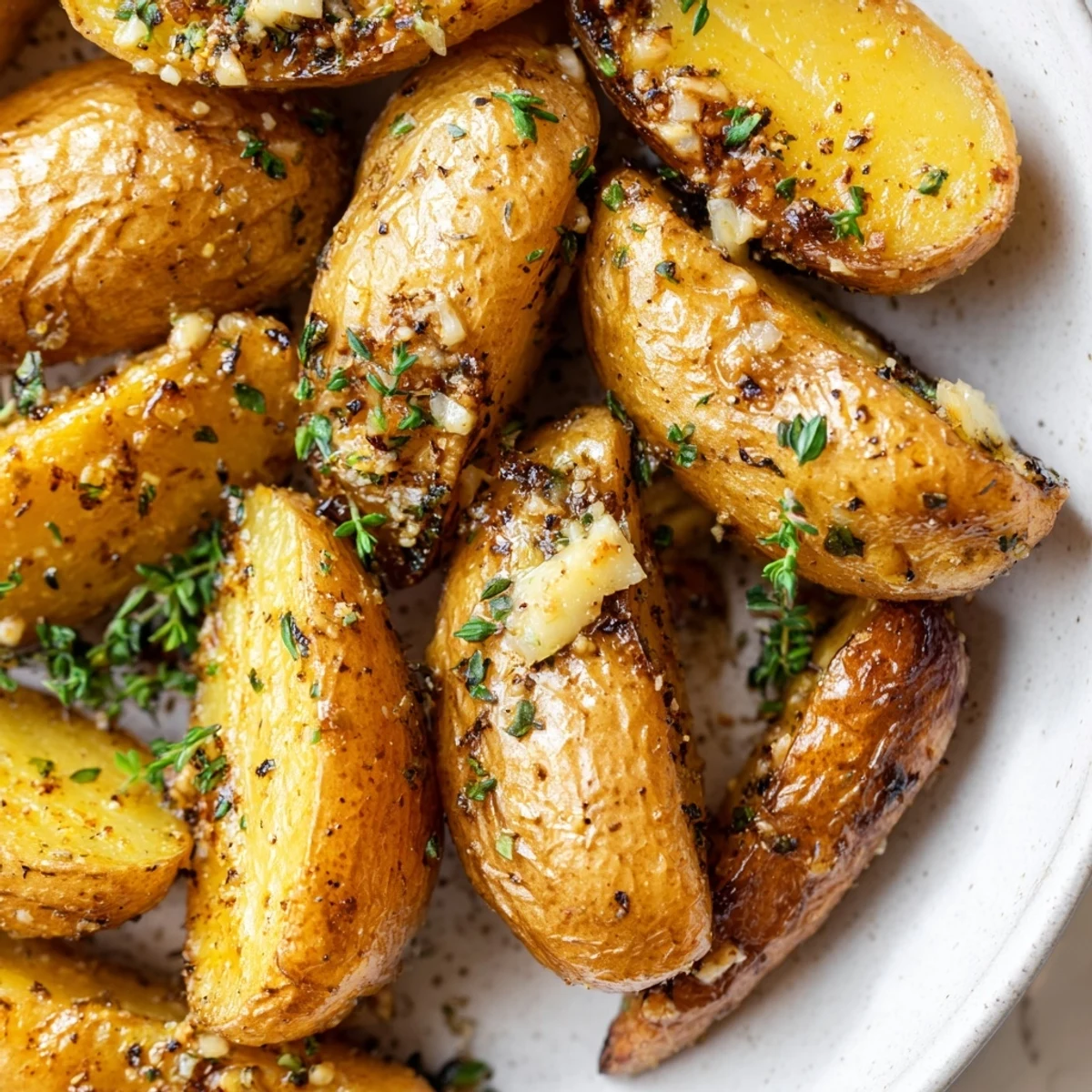Tossing Garlic Herb Roasted Fingerling Potatoes with olive oil, garlic, and rosemary before oven roasting.