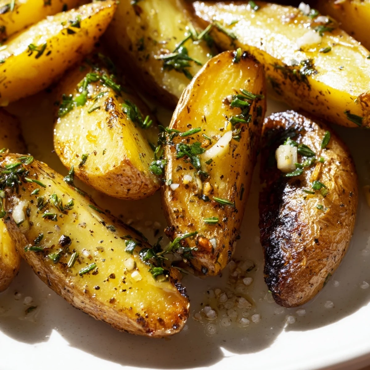 Golden brown Garlic Herb Roasted Fingerling Potatoes with crispy edges and fresh herbs on a baking sheet.
