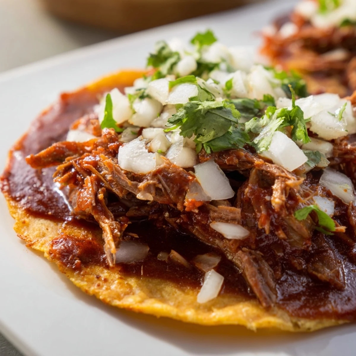 Shredded beef fills crispy tortillas for Slow Cooker Beef Birria Tacos with Consommé, topped with fresh cilantro.