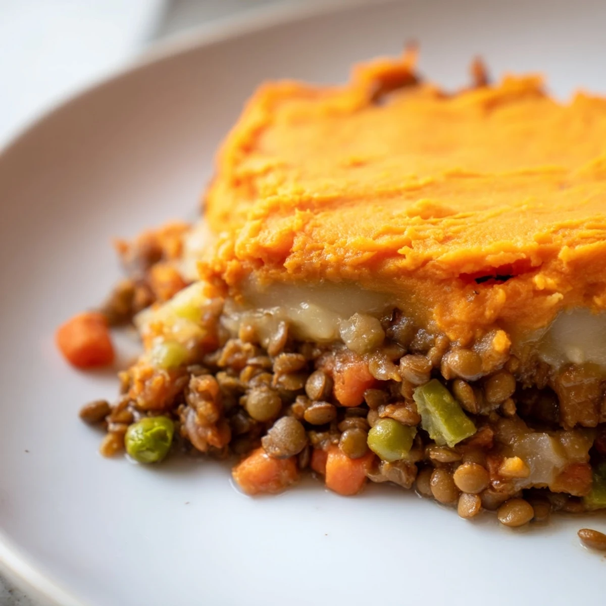 Golden Vegetarian Lentil Shepherds Pie with Sweet Potato mash bubbling after baking.