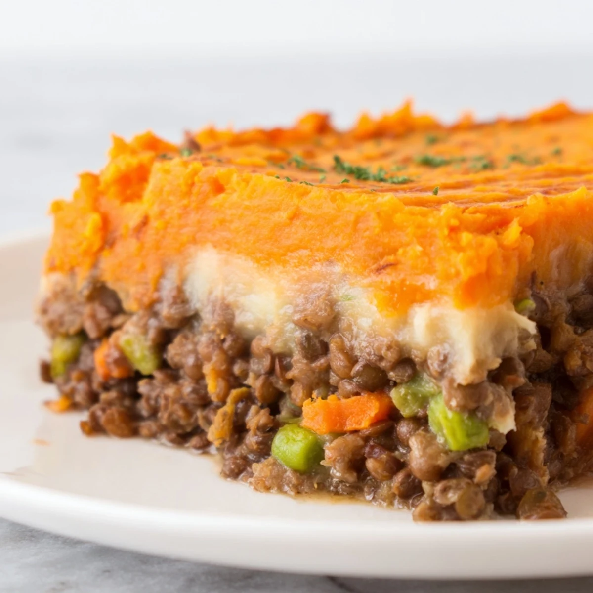 Creamy sweet potato mash blankets a hearty Vegetarian Lentil Shepherds Pie filling.