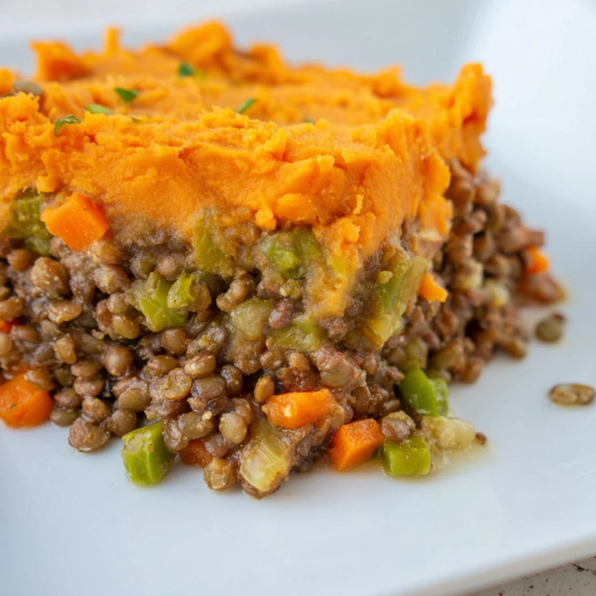 Savory lentil and vegetable filling topped with Vegetarian Lentil Shepherds Pie.