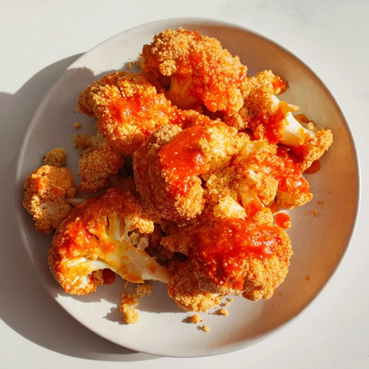 Golden-brown, crispy Buffalo Cauliflower Wings with ranch dip on a plate, garnished with fresh chives and celery sticks.