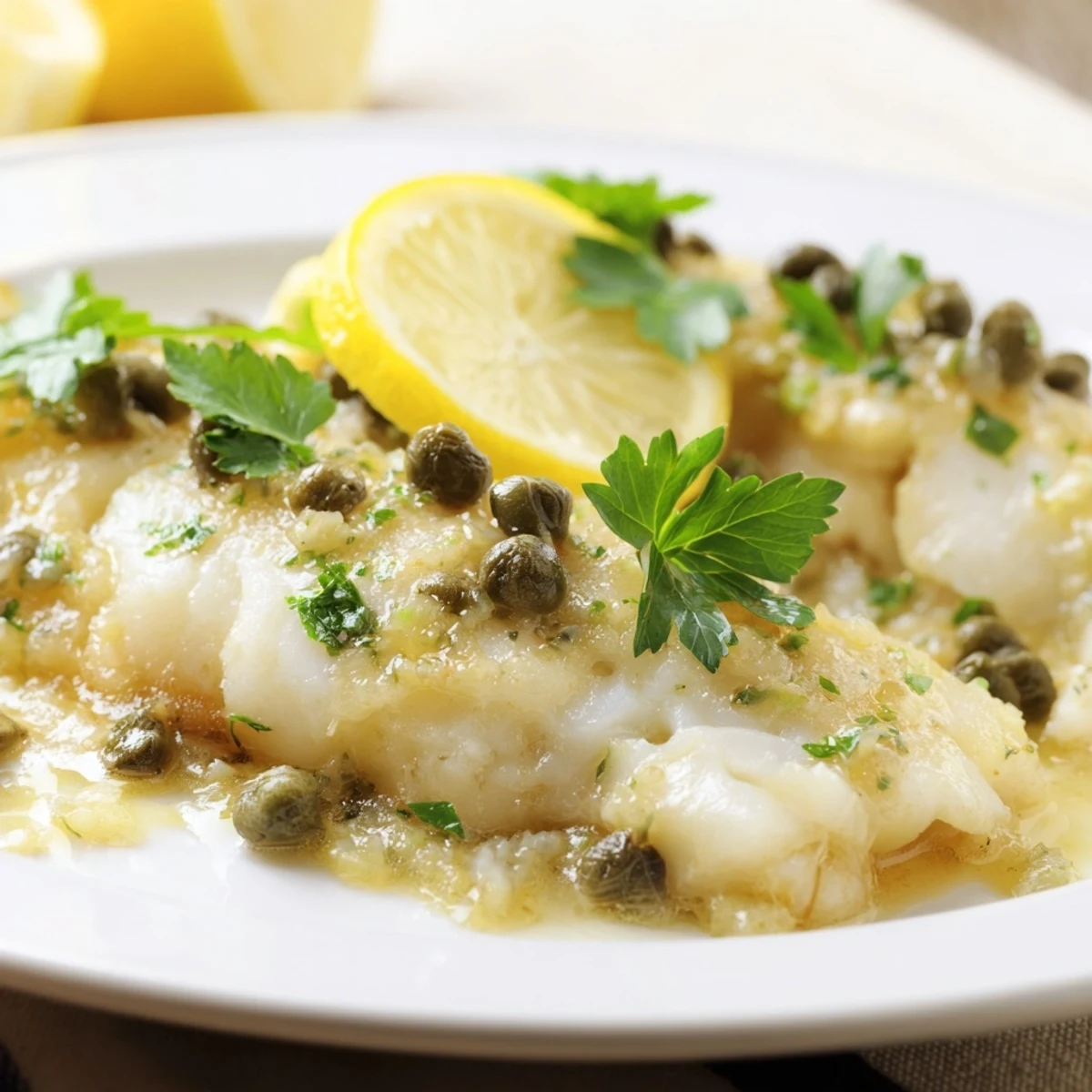 Golden-brown Baked Cod with Lemon Butter and Capers flaking easily with a fork.