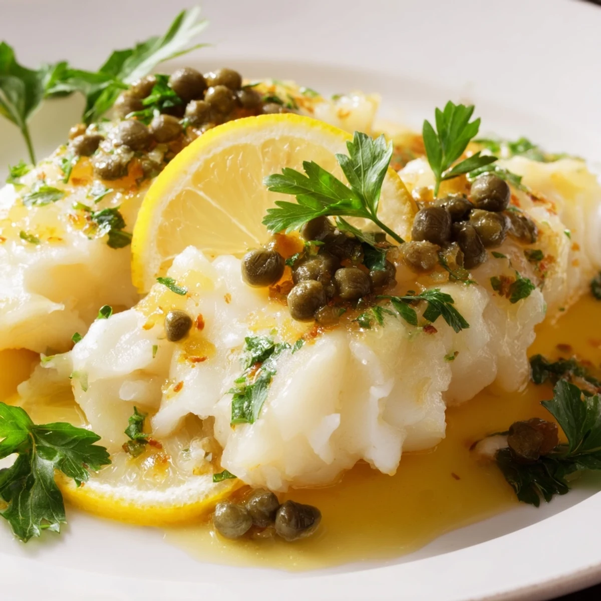 Freshly garnished Baked Cod with Lemon Butter and Capers served alongside roasted potatoes and vegetables.