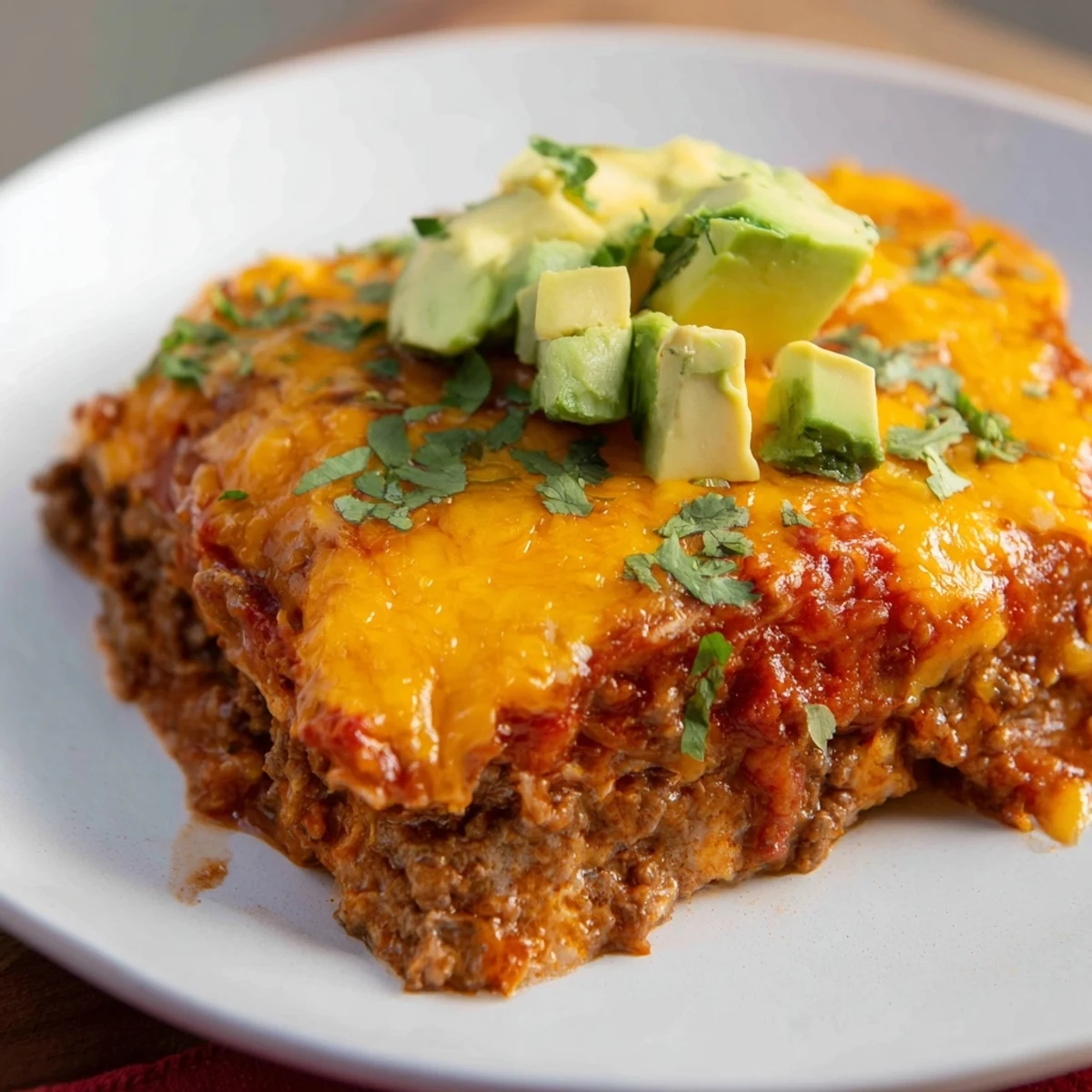 Layers of seasoned ground beef and corn tortillas soaked in rich red enchilada sauce in a baking dish.