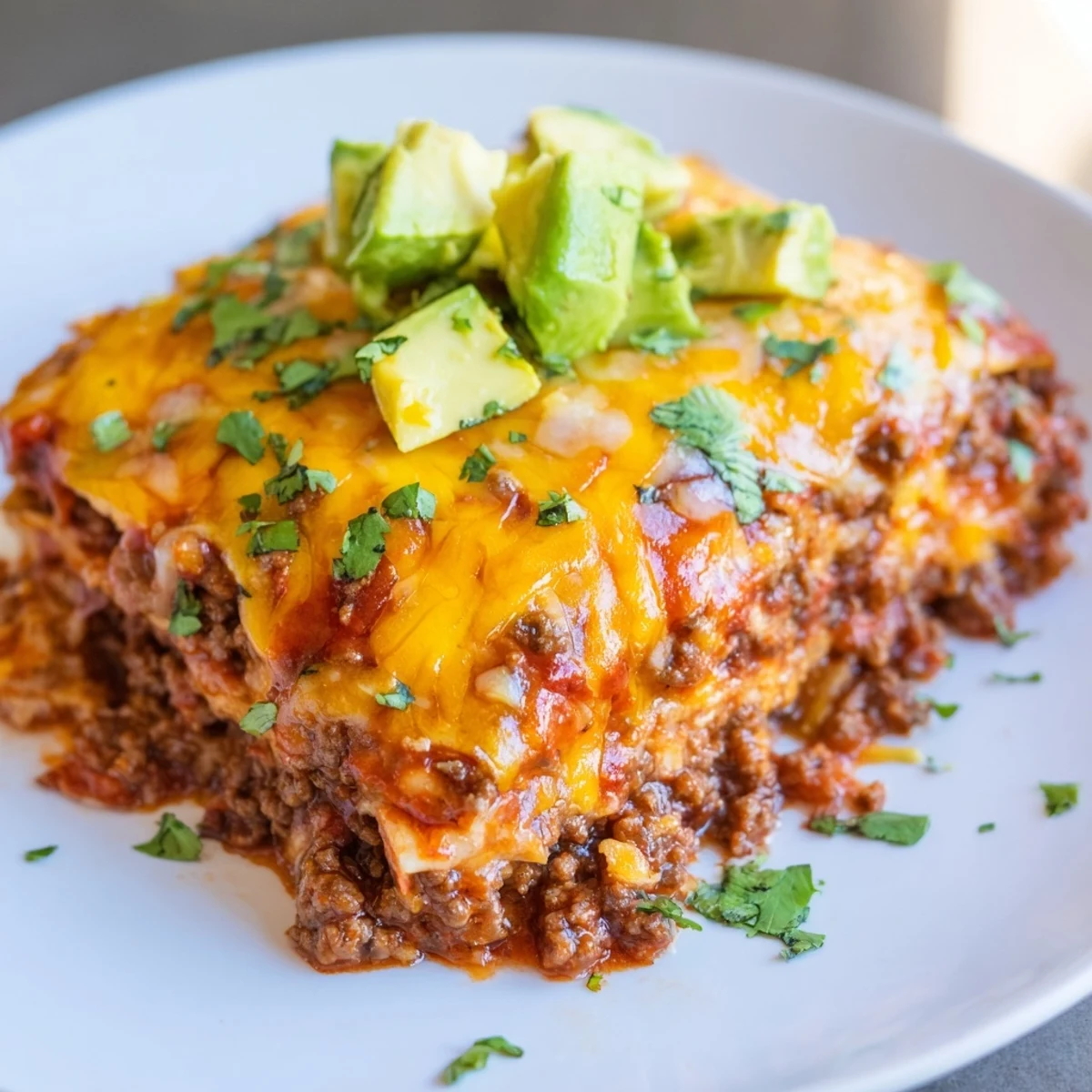Steaming Beef Enchilada Casserole fresh from the oven with bubbling melted cheddar and Monterey Jack cheese.