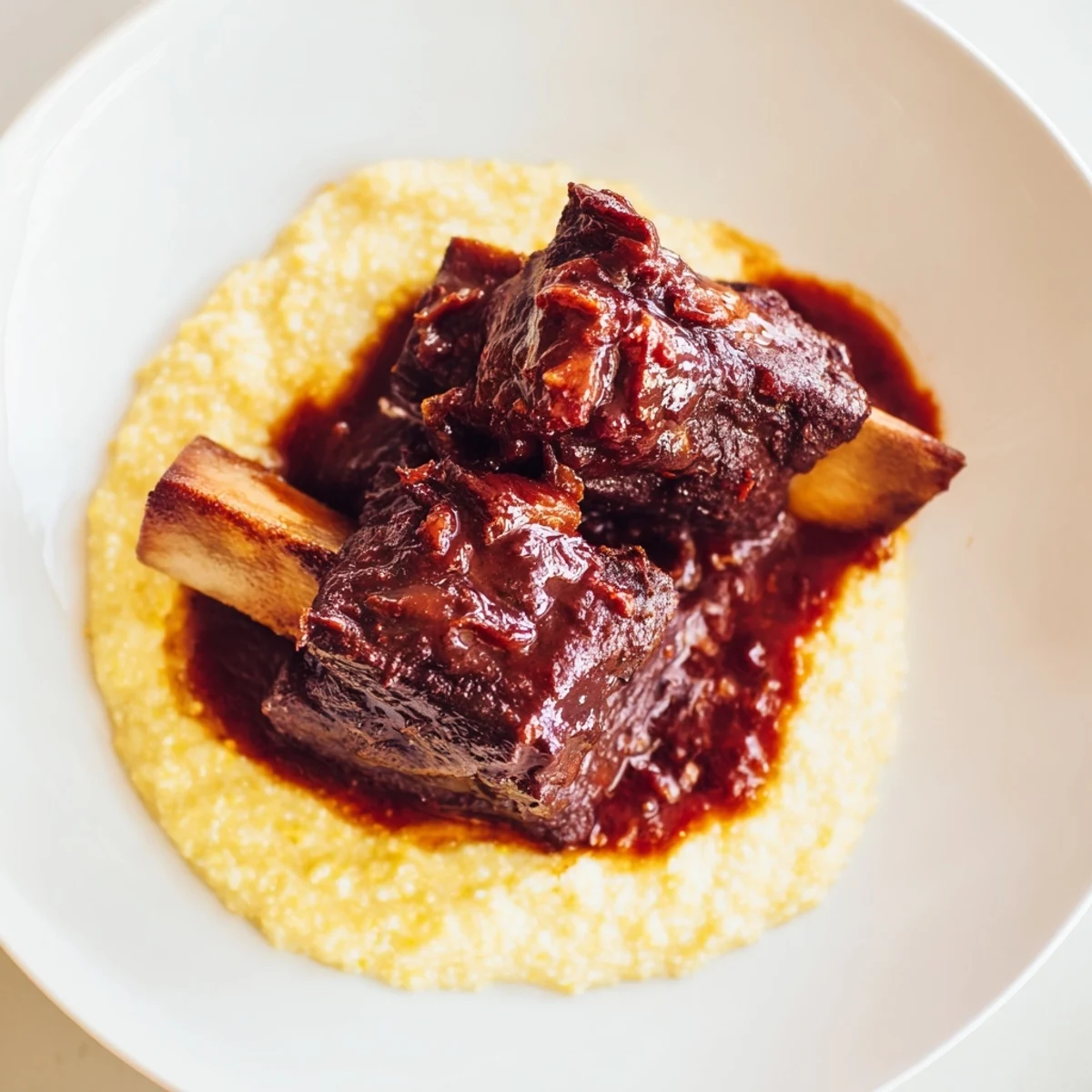 Braised Slow Cooked Beef Short Ribs glisten with red wine sauce, falling off the bone onto buttery polenta.