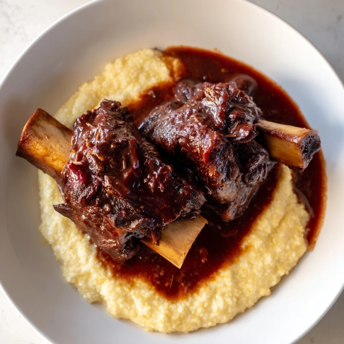Slow Cooked Beef Short Ribs sit atop creamy polenta, garnished with fresh herbs in a rustic cast-iron skillet.
