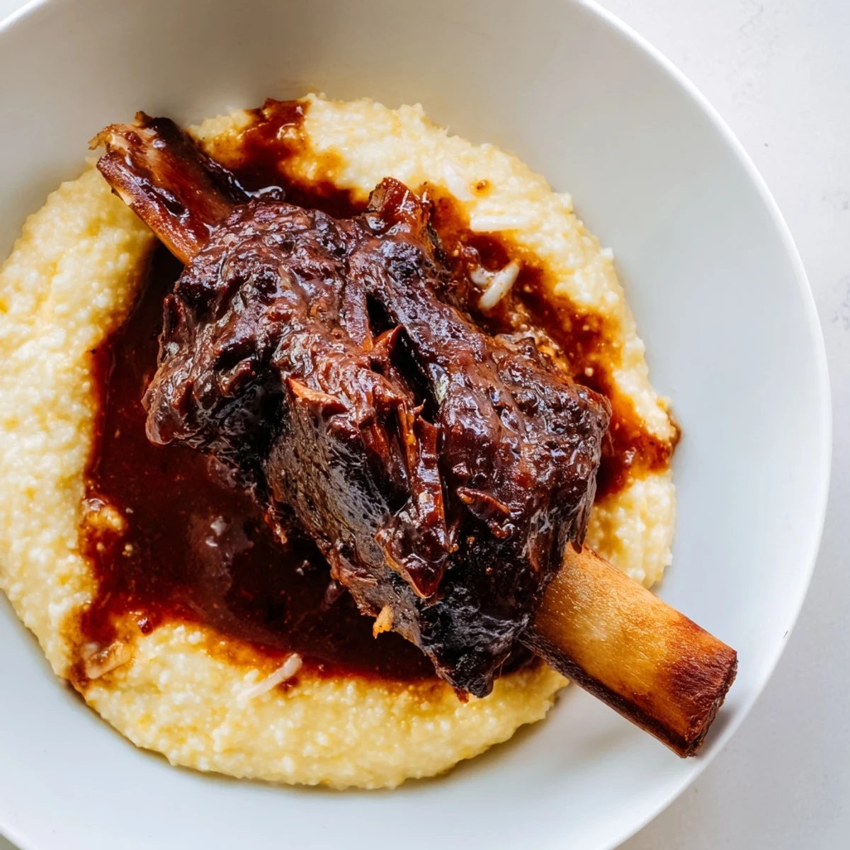 Hearty Slow Cooked Beef Short Ribs plated with silky Parmesan polenta, ready for a cozy family dinner.