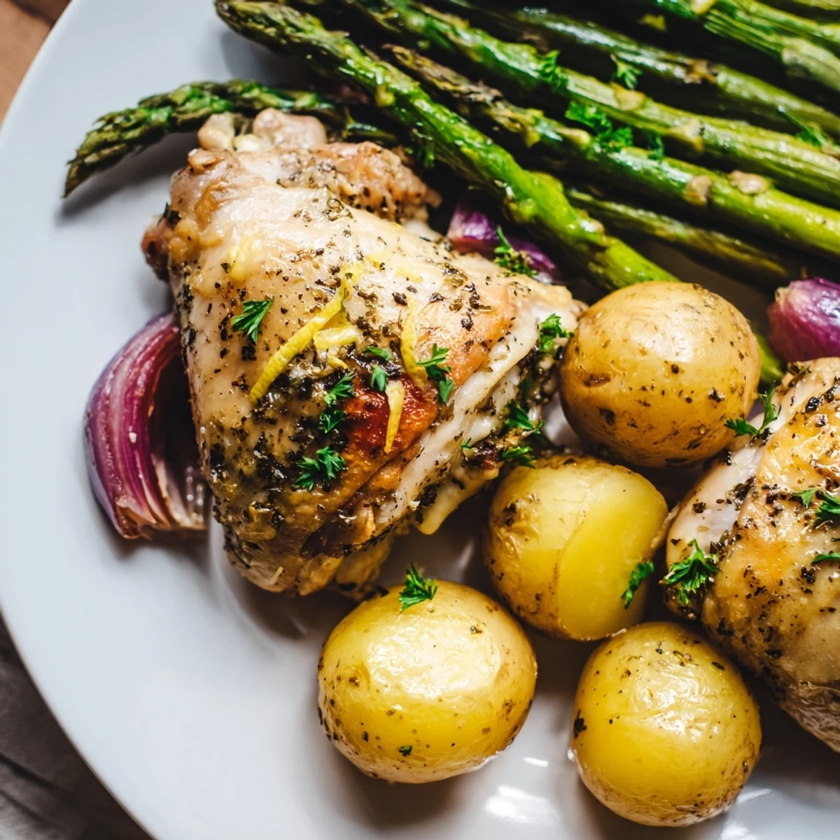 Golden-brown Sheet Pan Lemon Herb Chicken thighs sit alongside tender asparagus and roasted baby potatoes, all glistening with fresh lemon juice.
