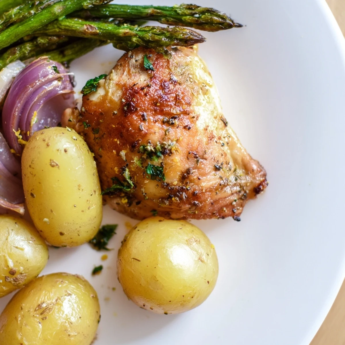 A close-up view of juicy Sheet Pan Lemon Herb Chicken and crisp vegetables, showing the savory herbs and vibrant colors on the roasted sheet.