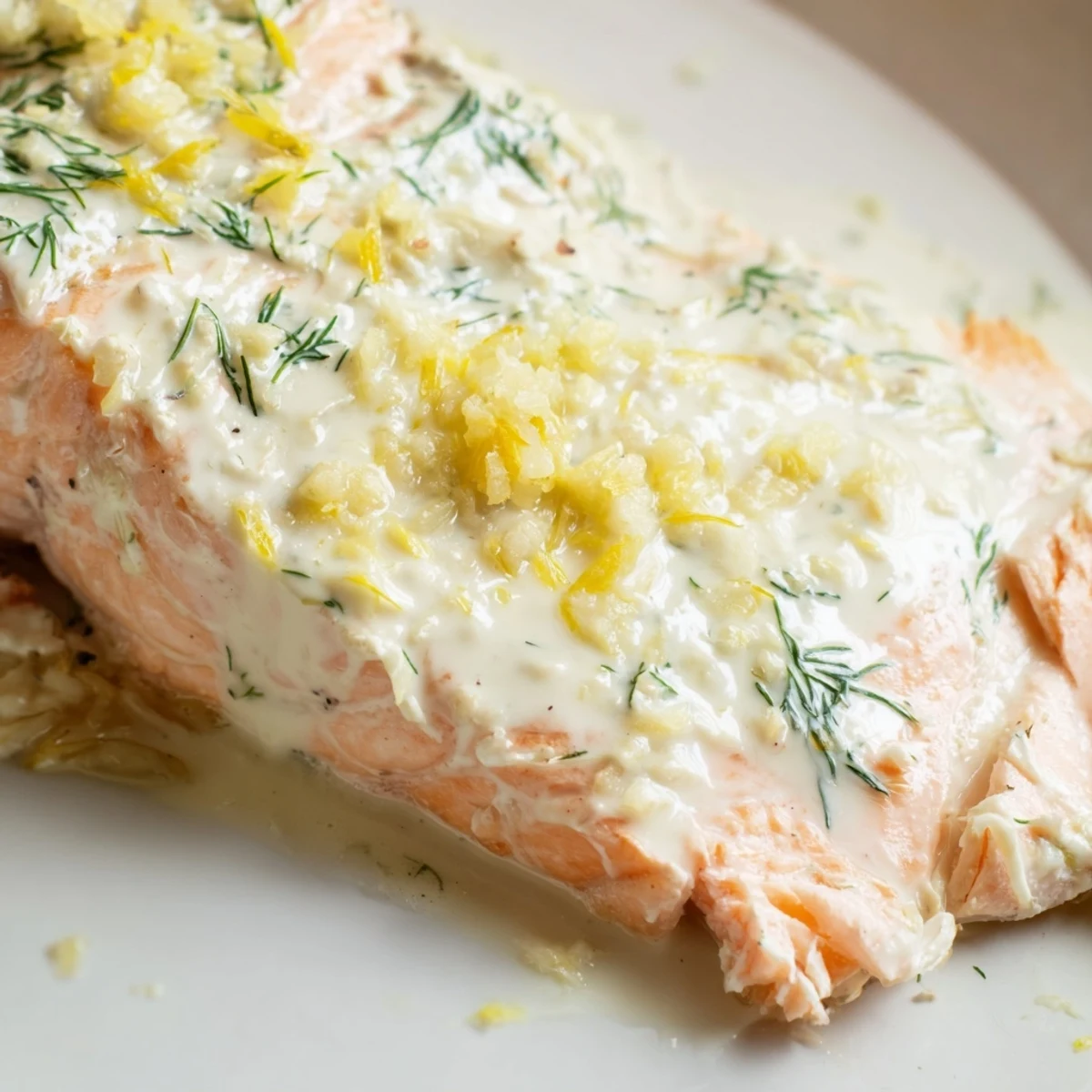 Freshly baked salmon fillet drizzled with garlic butter, topped with creamy dill sauce and lemon zest.