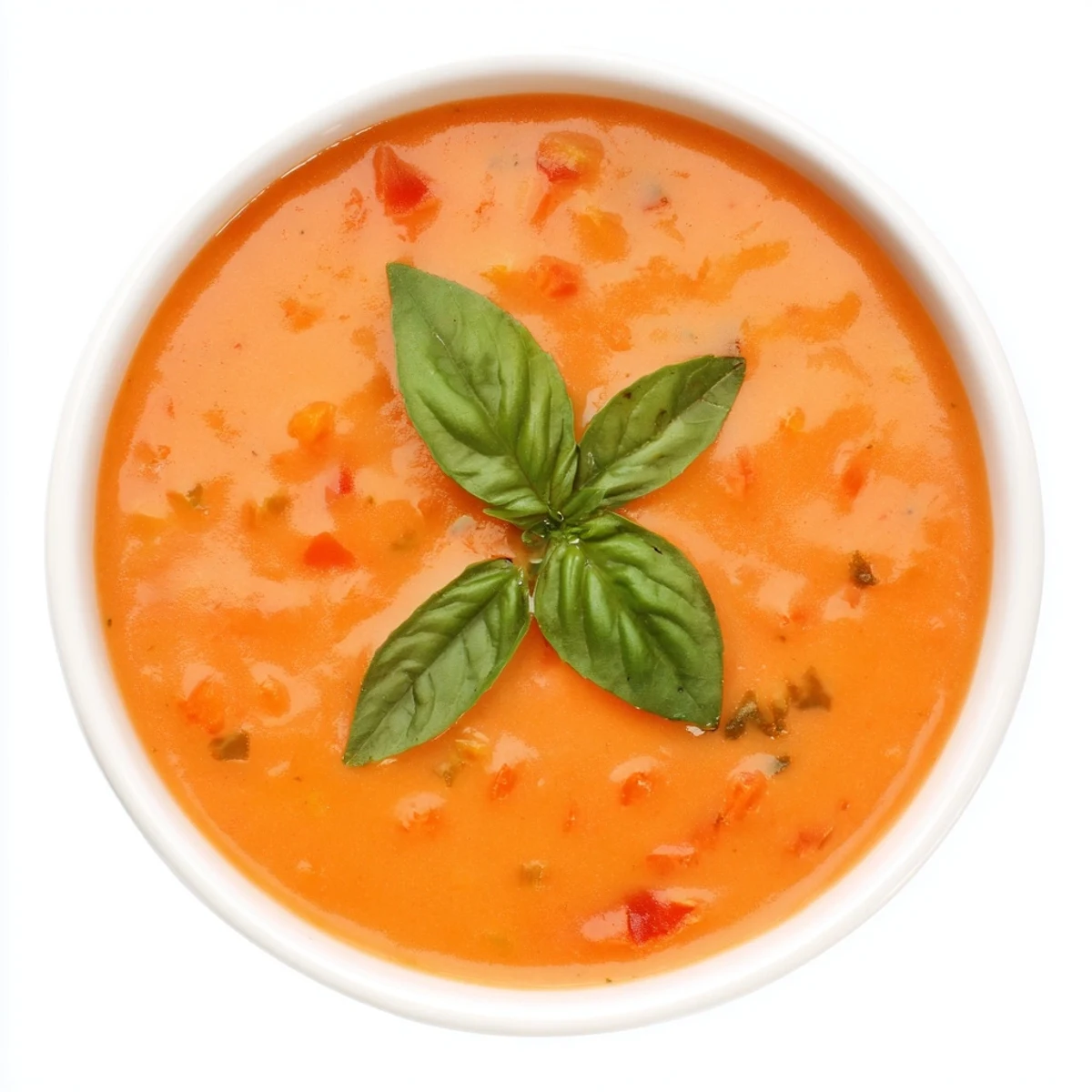 A bowl of Creamy Tomato and Roasted Red Pepper Soup with Basil served alongside crusty artisan bread for dipping on a wooden table.