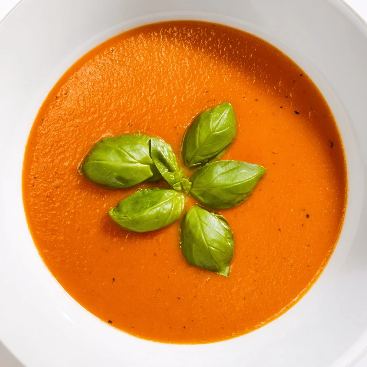 Creamy Tomato and Roasted Red Pepper Soup with Basil in a rustic bowl, garnished with fresh basil and drizzled with olive oil, steam rising.