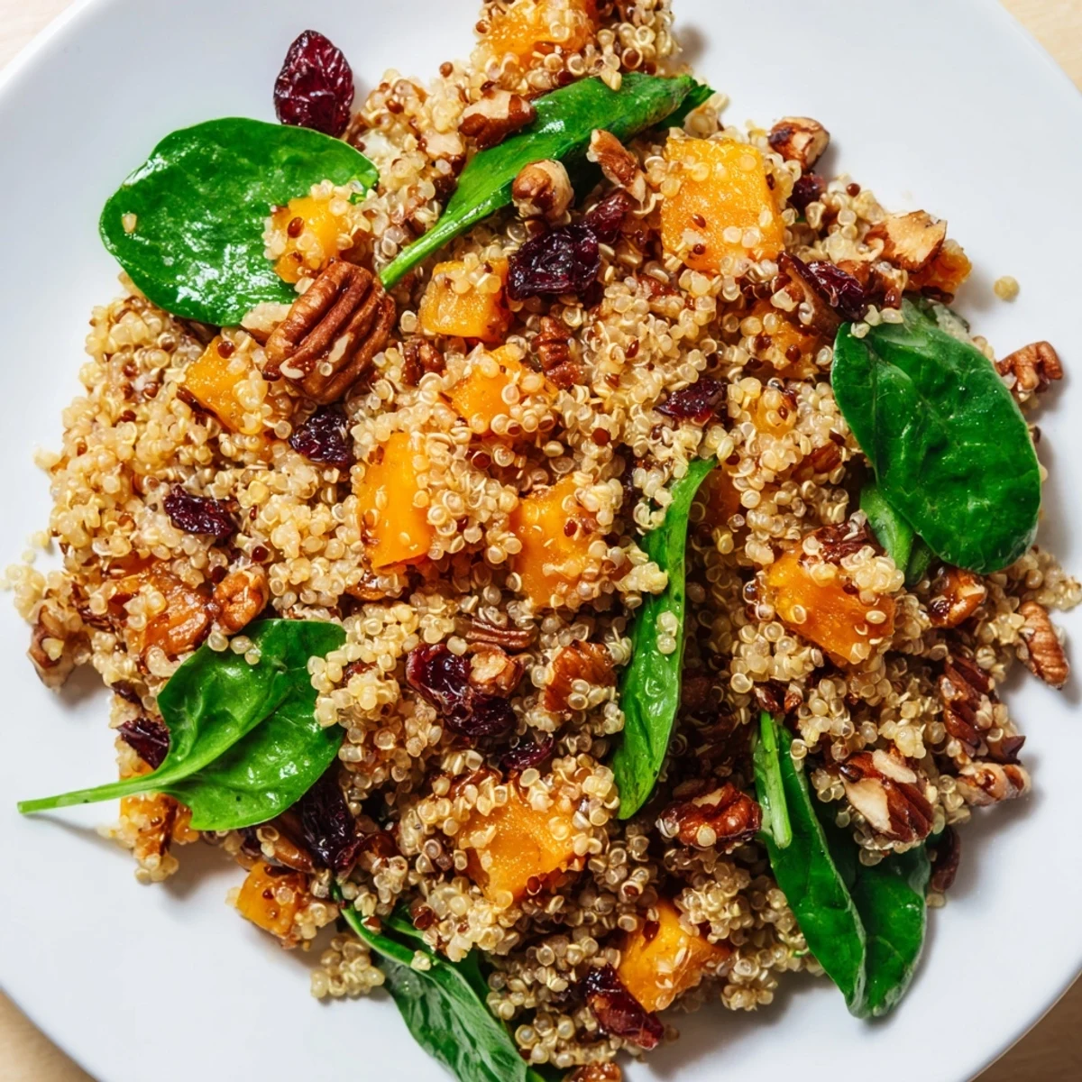 Golden roasted butternut squash and red onion mingle with fluffy quinoa for a warm quinoa salad with cranberries. 