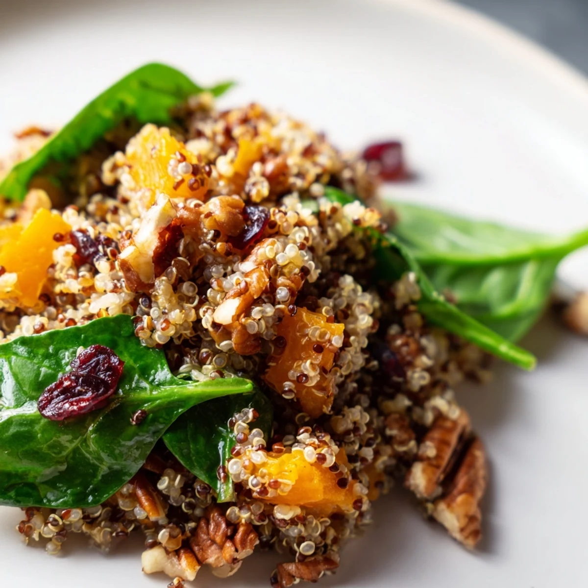 A close-up shows the warm quinoa salad with roasted butternut squash, cranberries, and pecans for a hearty bite.