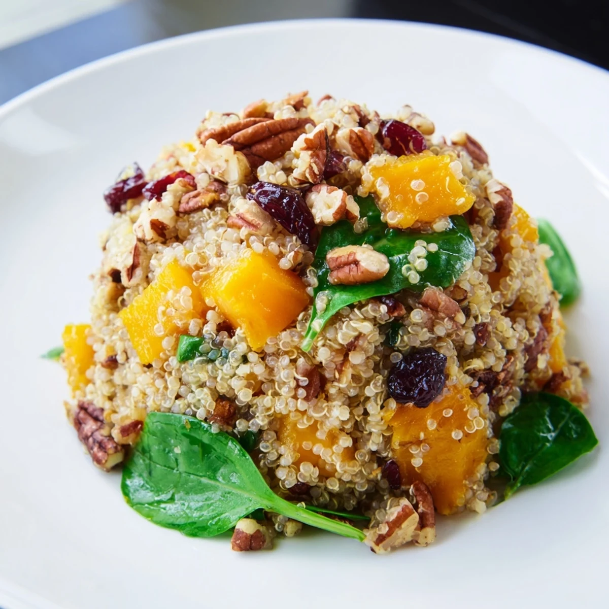 A serving bowl of warm quinoa salad with roasted butternut squash and cranberries, dressed and ready to eat. 