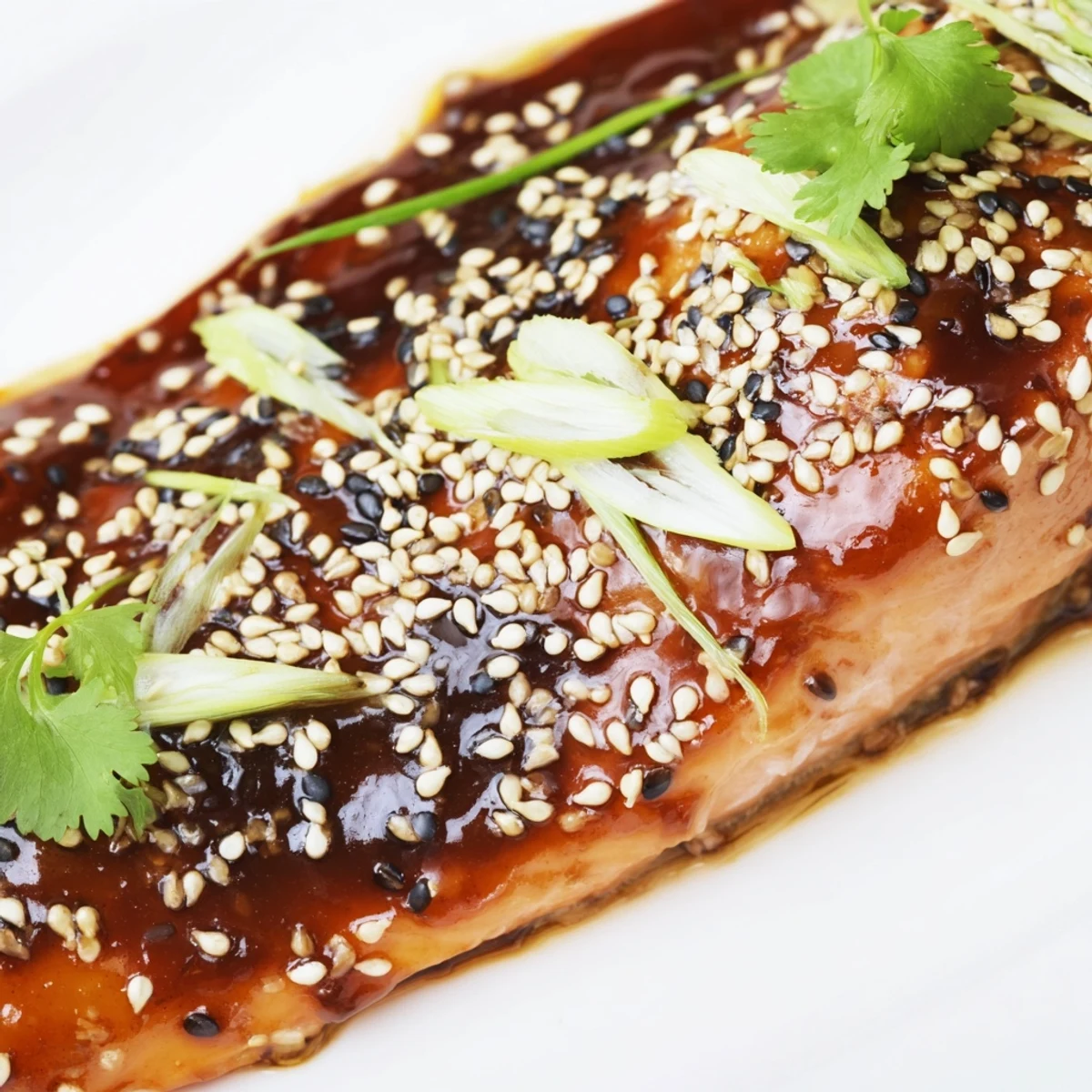 Golden-brown Baked Salmon with Teriyaki Glaze and Sesame Seeds rests on a white plate, garnished with fresh green onions.