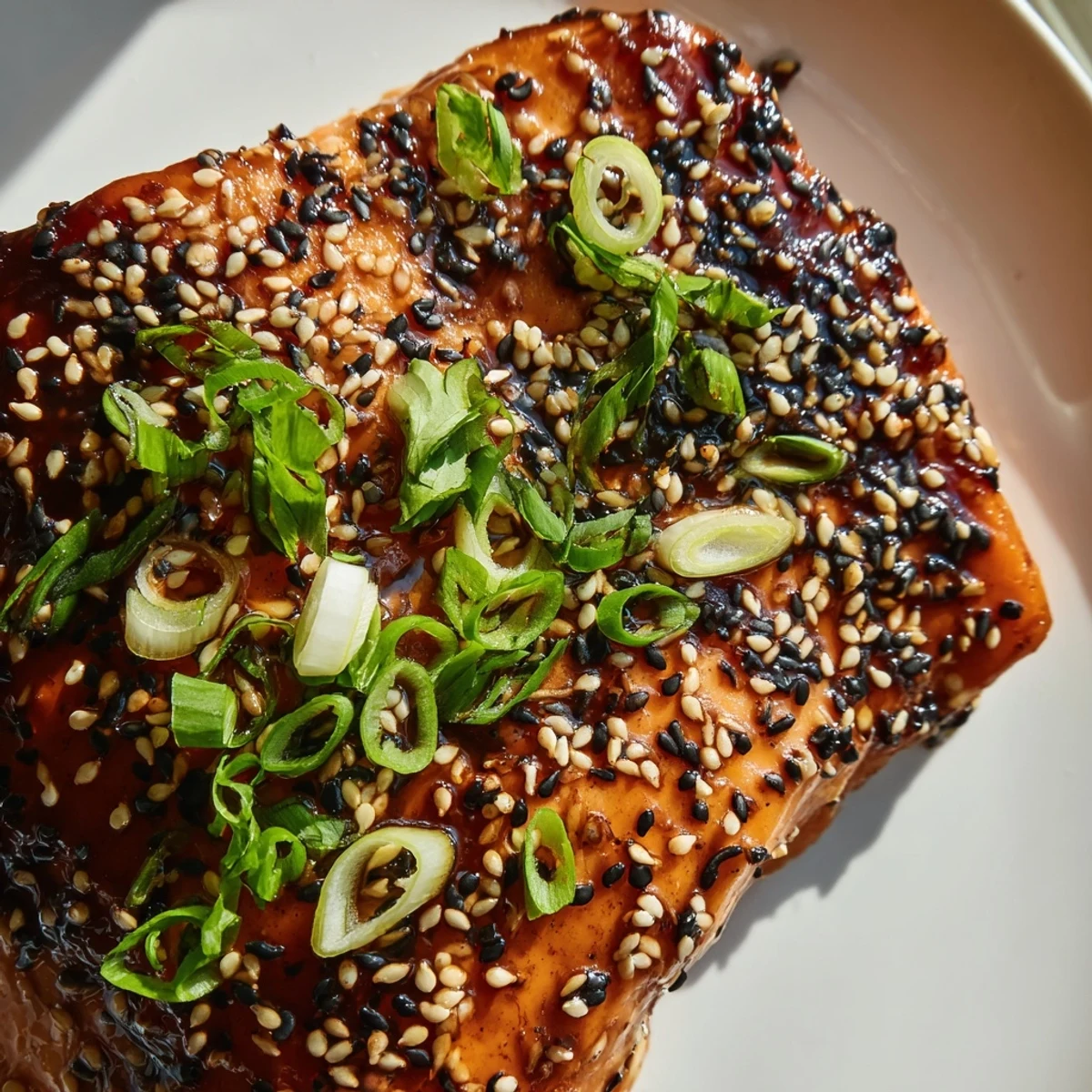 A close-up of Baked Salmon with Teriyaki Glaze and Sesame Seeds, showcasing the sticky sauce and toasted sesame seeds.