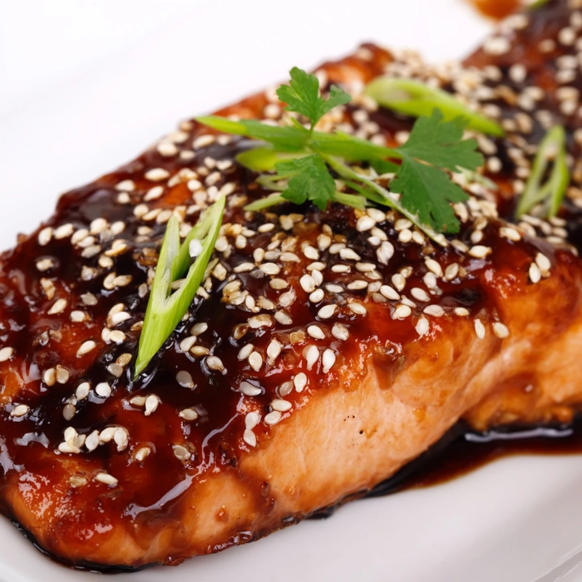 Four fillets of Baked Salmon with Teriyaki Glaze and Sesame Seeds are ready to serve with steamed rice and greens.