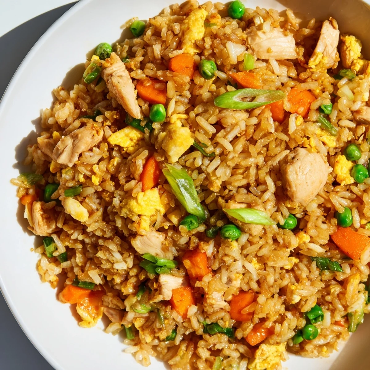 Freshly prepared Chicken Fried Rice topped with sliced scallions, ready for a quick weeknight dinner.