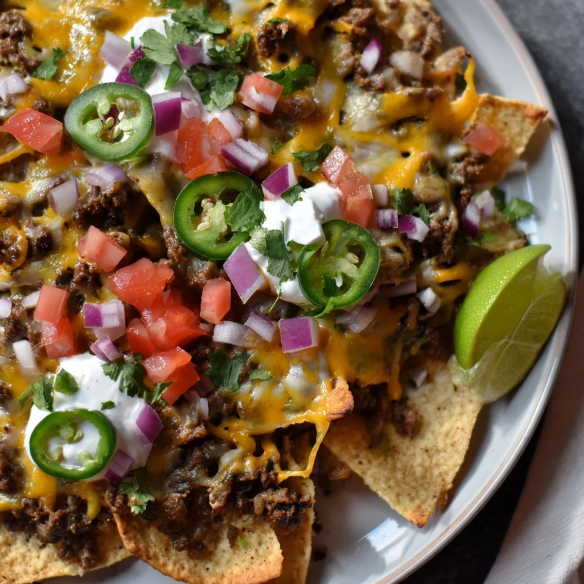 Freshly baked Beef Nachos with Jalapeños and Melted Cheese topped with sour cream and cilantro.