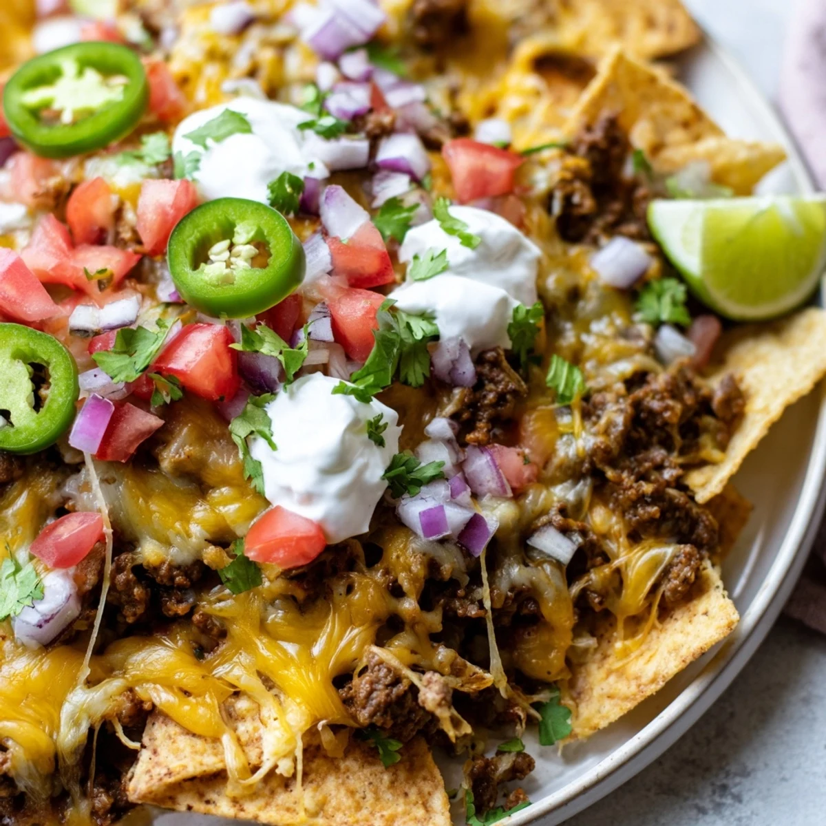 Close-up of sizzling Beef Nachos with Jalapeños and Melted Cheese layered with seasoned ground beef.