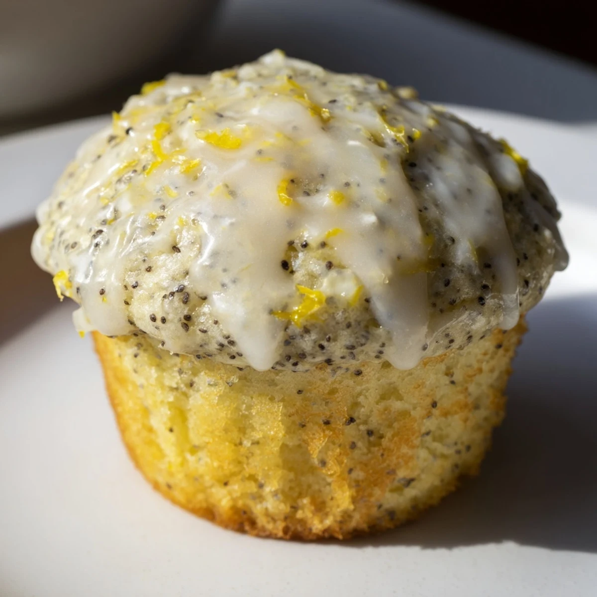 Moist Lemon Poppy Seed Muffins with Lemon Glaze feature visible poppy seeds and a thick, tangy drizzle, ready for an afternoon snack.