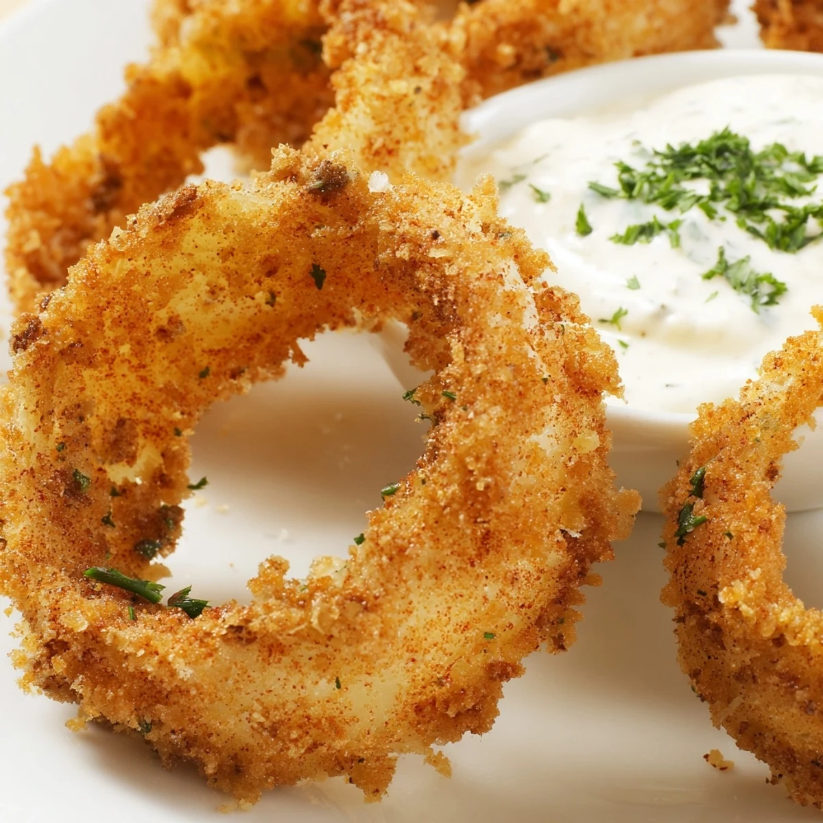 Freshly baked Crispy Baked Onion Rings with Ranch Dressing stacked high, ready for dipping. 