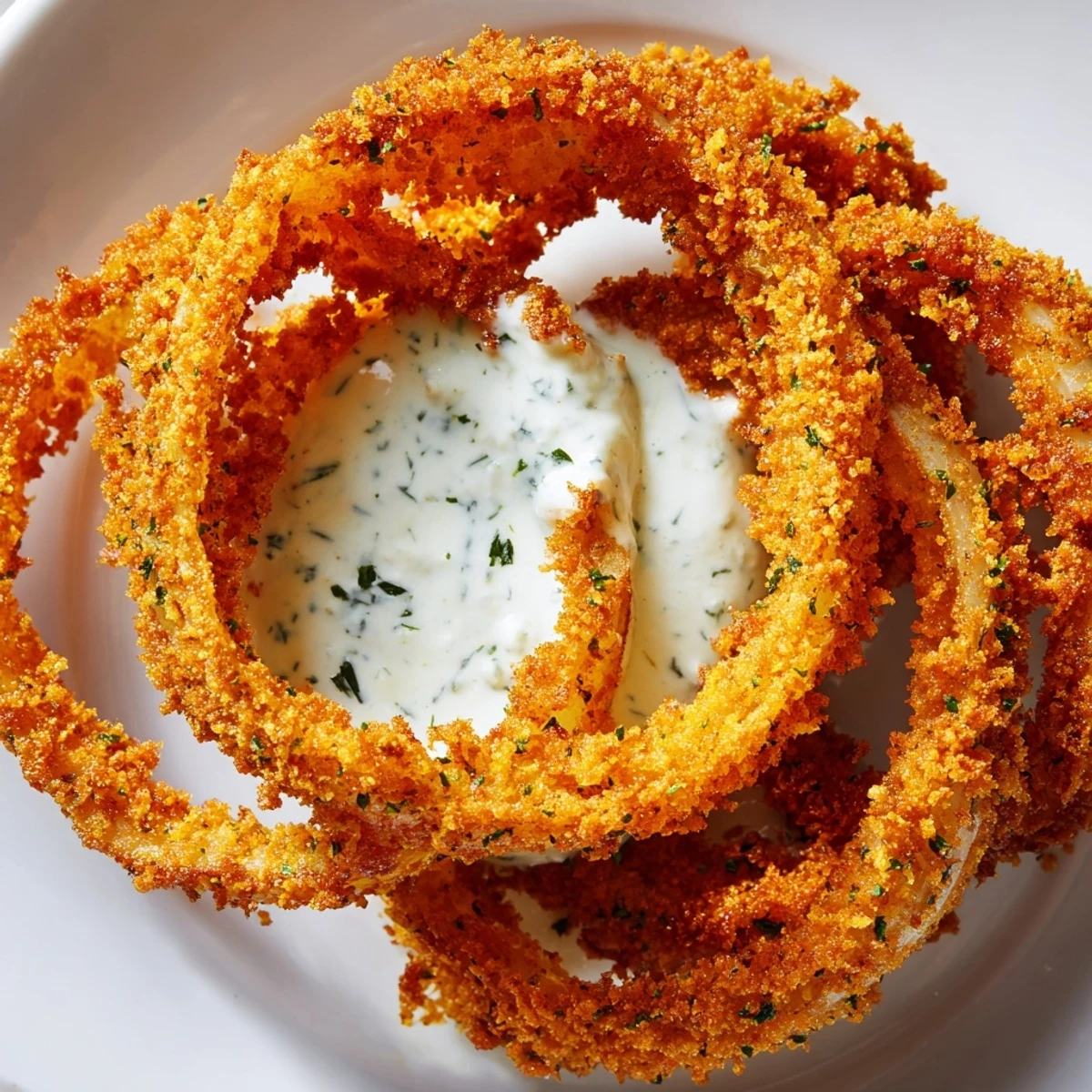 Golden, crispy Crispy Baked Onion Rings with Ranch Dressing fresh from the oven, served warm. 