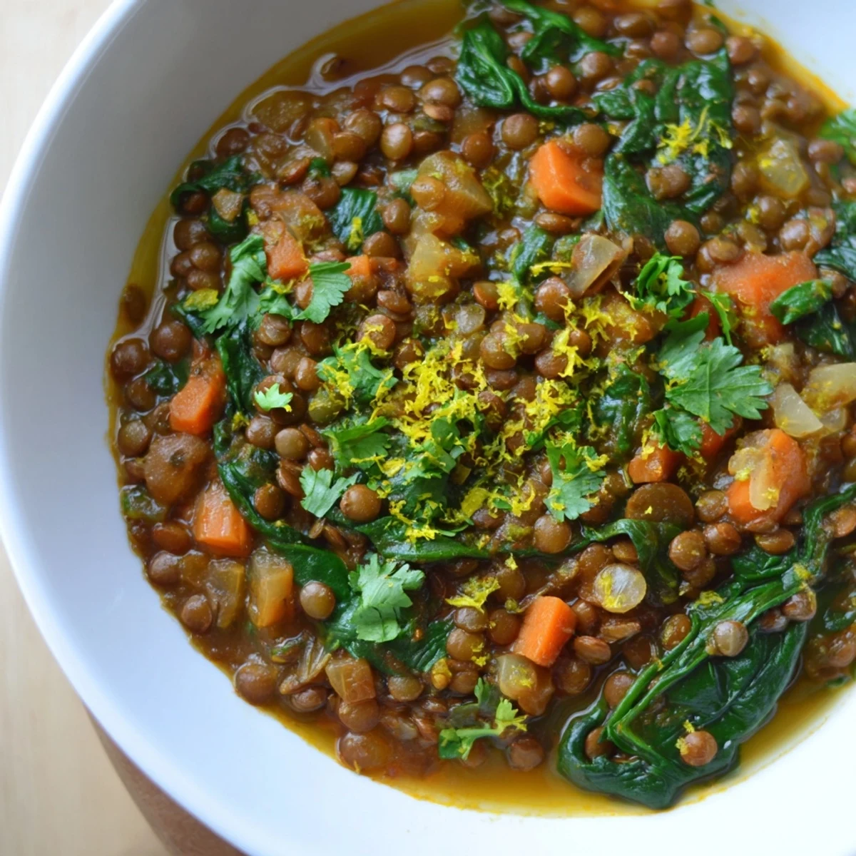 Steaming bowl of Spiced Lentil and Spinach Stew with Lemon, garnished with fresh cilantro and a lemon wedge.  