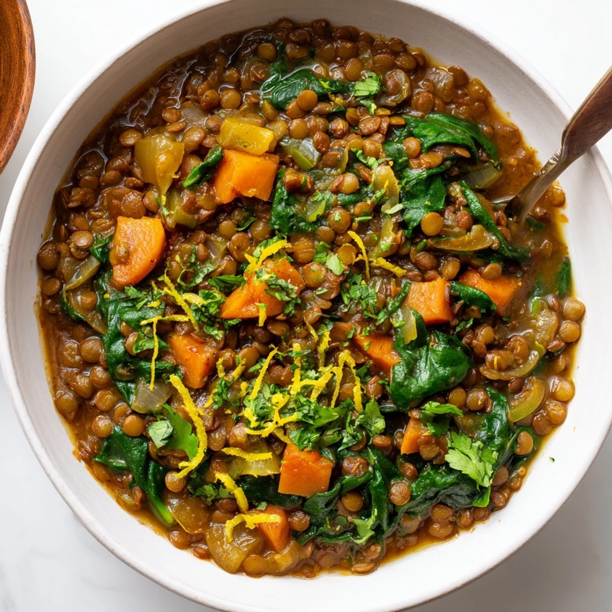 A vibrant pot of Spiced Lentil and Spinach Stew with Lemon simmering with cumin and coriander spices.  