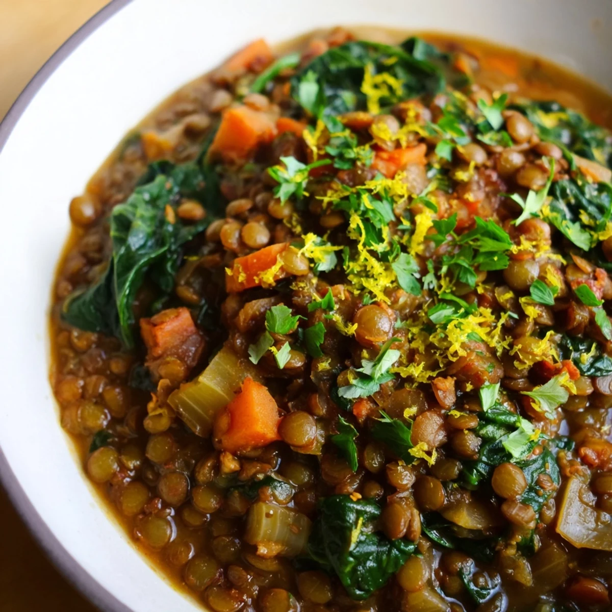 Serving suggestion for Spiced Lentil and Spinach Stew with Lemon alongside warm crusty bread for dipping.