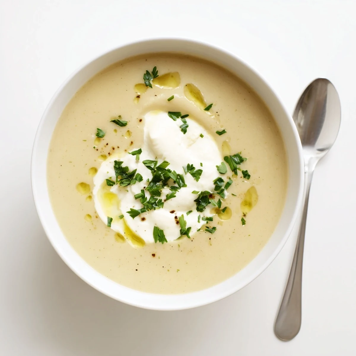 Close-up of a spoon dipping into creamy Roasted Parsnip and Garlic Soup, revealing its silky texture and aromatic steam rising gently.